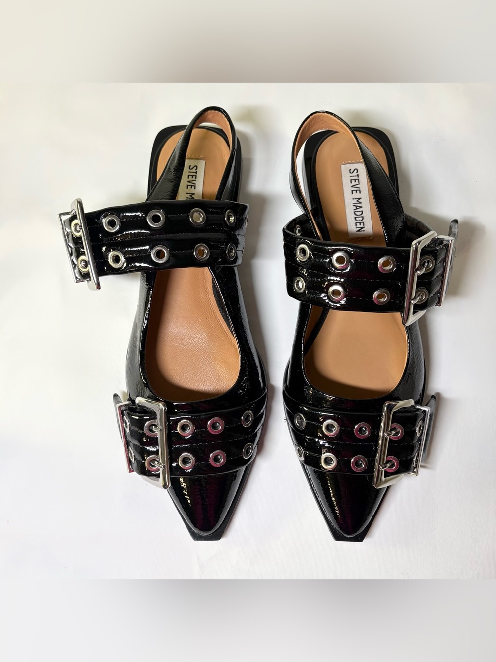 STEVE MADDEN Graya Slingback Buckle Flats Black Leather And Patent Women’s US 8 - Picture 5 of 16